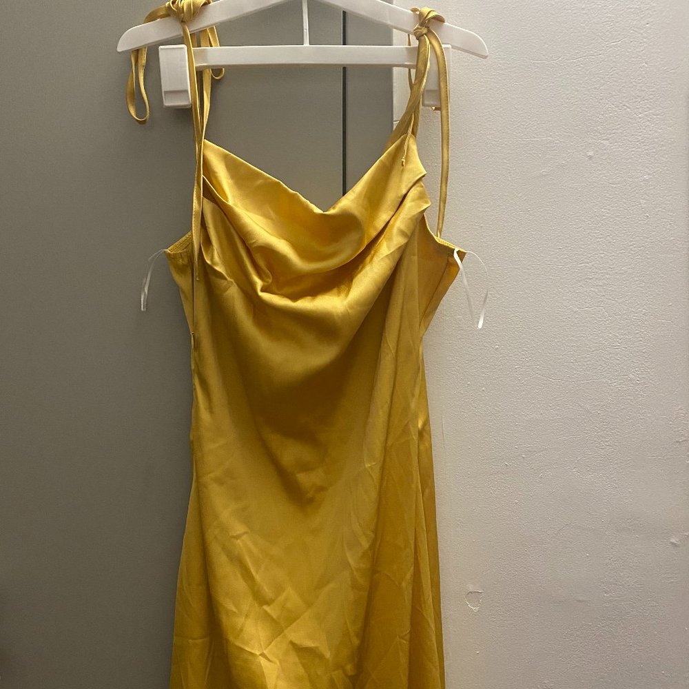 bright yellow midi satin dress. no size listed